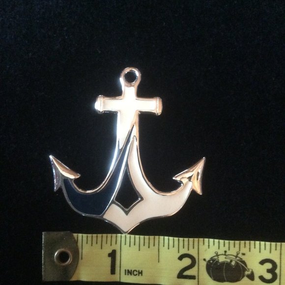 Vintage Blue & White Enamel Nautical Anchor Brooch Pin with Silver-tone Trimming - Picture 2 of 5